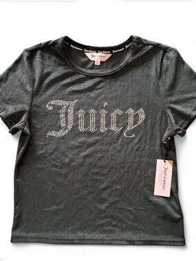 Juicy Couture Rhinestone Sleepwear Logo Crop Tee Y2K Baby Tee Black Size L NWT